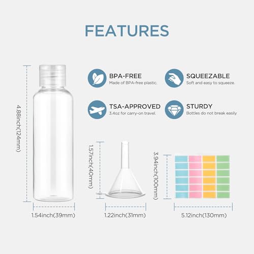 Flacon Voyage Romon 6 Pièces pour Avion | Kit Transparent 100ml avec Entonnoirs & Étiquettes | Accessoires Cosmétiques B